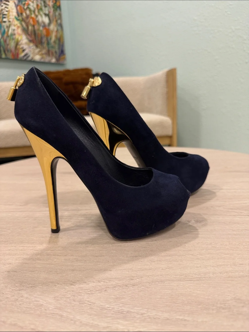 Louis Vuitton Navy Suede Pumps with Gold Lock & Stiletto Heels